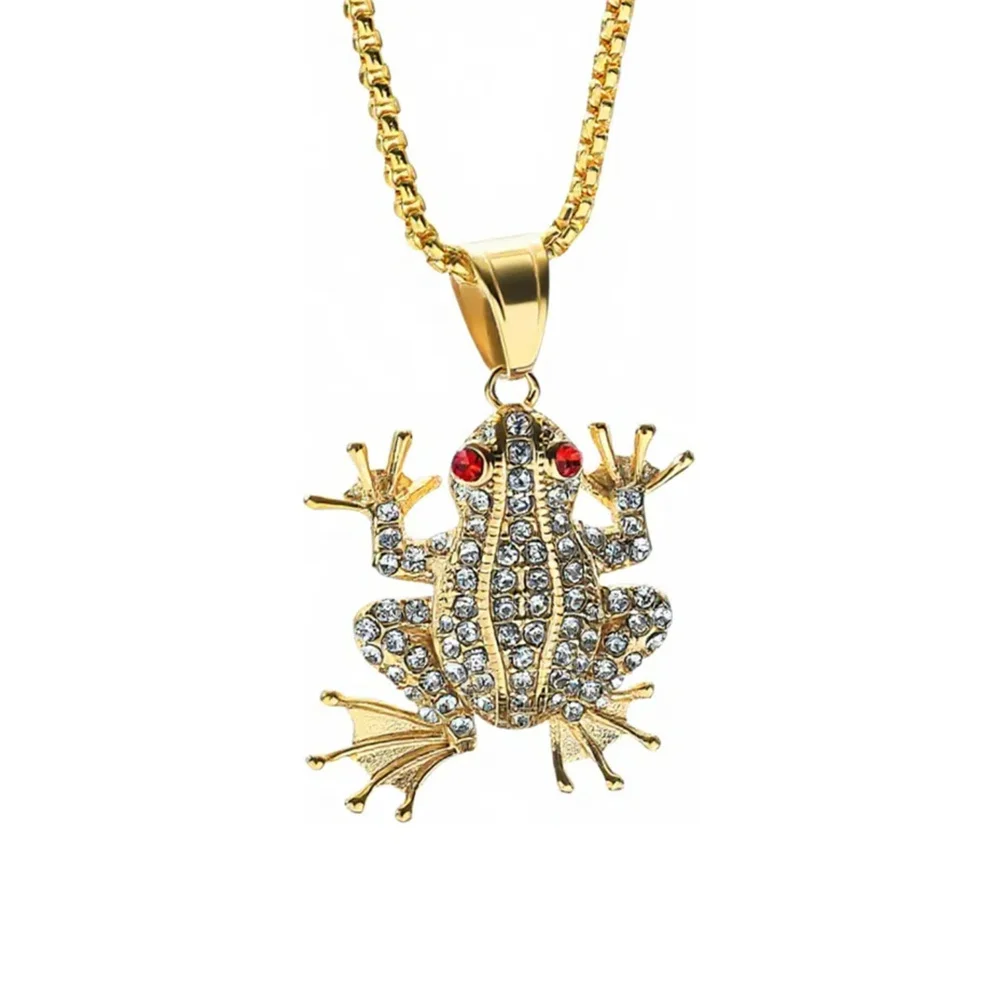 

Punk Iced Out Bling Full Zircon Frog Pendant Statement Gold Color Stainless Steel Animal Necklace for Men Women Jewelry Gift
