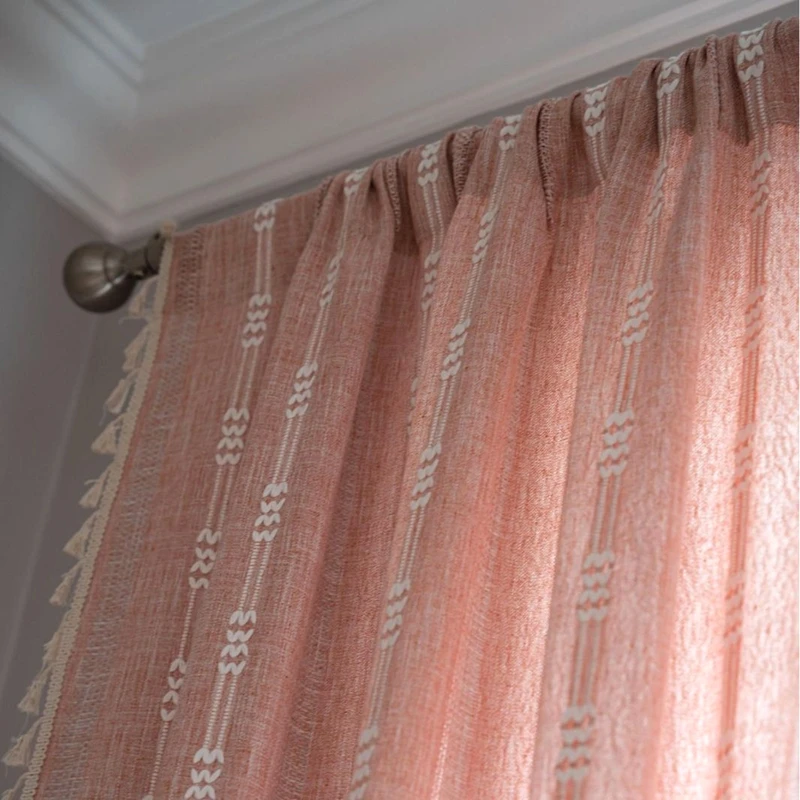 American Style Pink Striped Embroidered Tassel Finished Curtains Semi Shading Hollowed Out Kitchen Living Room Window Curtain