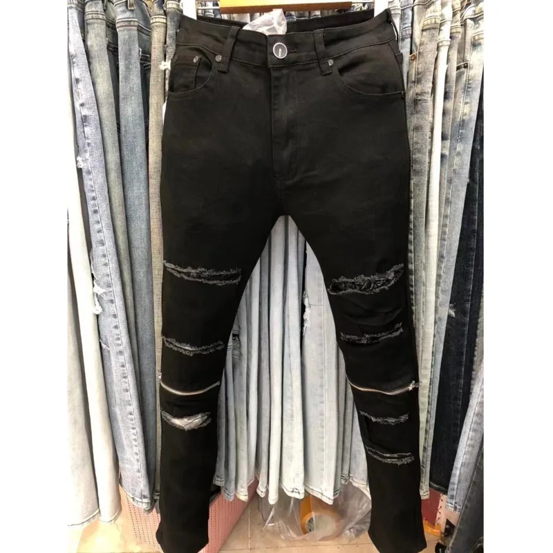 

Knee Zipper Hole Spijkerbroeken Heren Ripped Jean Streetwear Skinny Stretch Denim Tapered Pant Men Motorcycle Pant Black Jeans