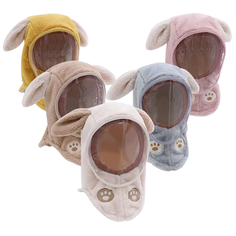

Children's Outdoor Cycling and Skiing Windproof And Cold Hat Solid color Rabbit Ear Plush Warm Hat Winter New 1-10 Years Old