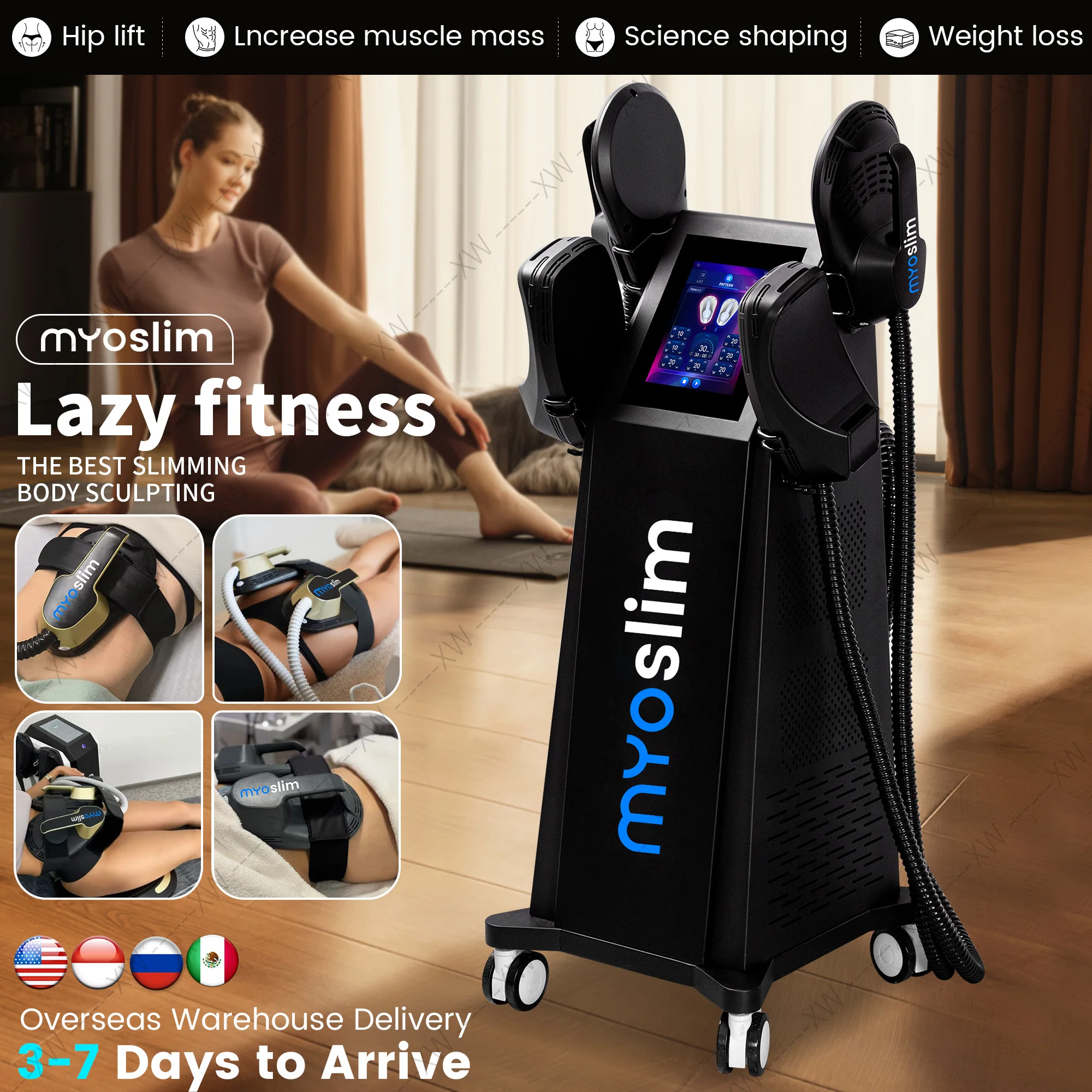 

Myoslim 6500W EMS Neo RF Body Shaping Device Fitness Massage Fat Burning Muscle Building and Buttock Lifting