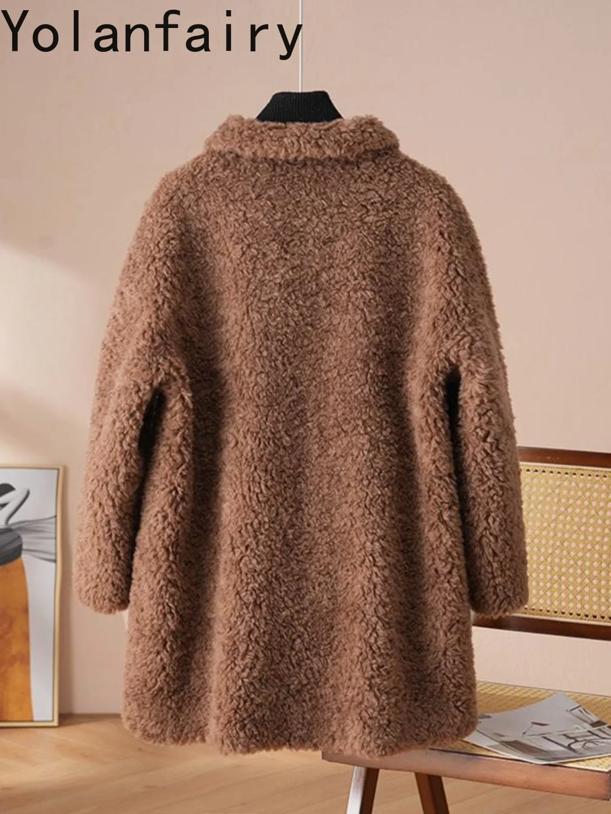 YOLANFAIRY معاطف صوف 100% للنساء شتاء متوسط الطول سترة قص الأغنام سترات صوفية نسائية غير رسمية Chaquetas Para Mujer #4