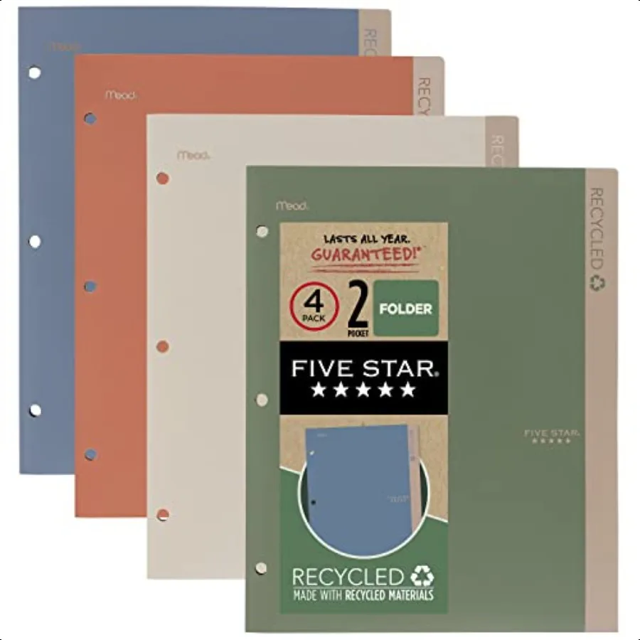 

2 Pocket Folders 4 Pack Recycled Plastic Folders with StayPut Tabs and Prong Fasteners Fits 3Ring Binder Holds 11 x 81 2 Paper