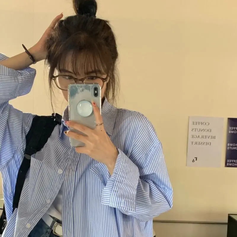 Striped Long-sleeved Shirt for Women in Spring Autumn New Style Lazy Loose BF Style Loose Mid-length Striped Versatile Jacket