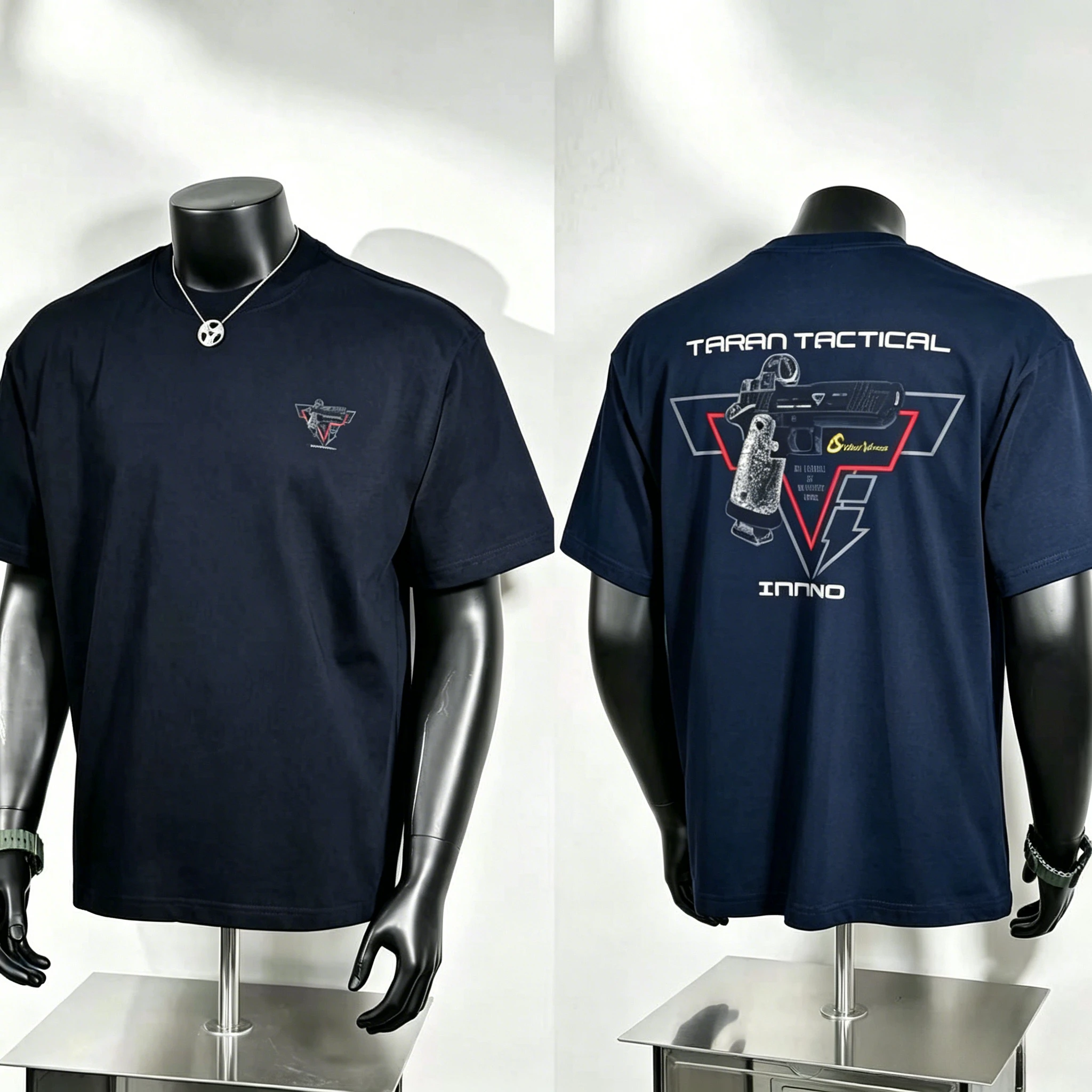 Taran Tactical Graphic T Shirt, Mini Triangle Pistol Badge Chest Logo and Large Handgun with Geometric Lightning Back Print