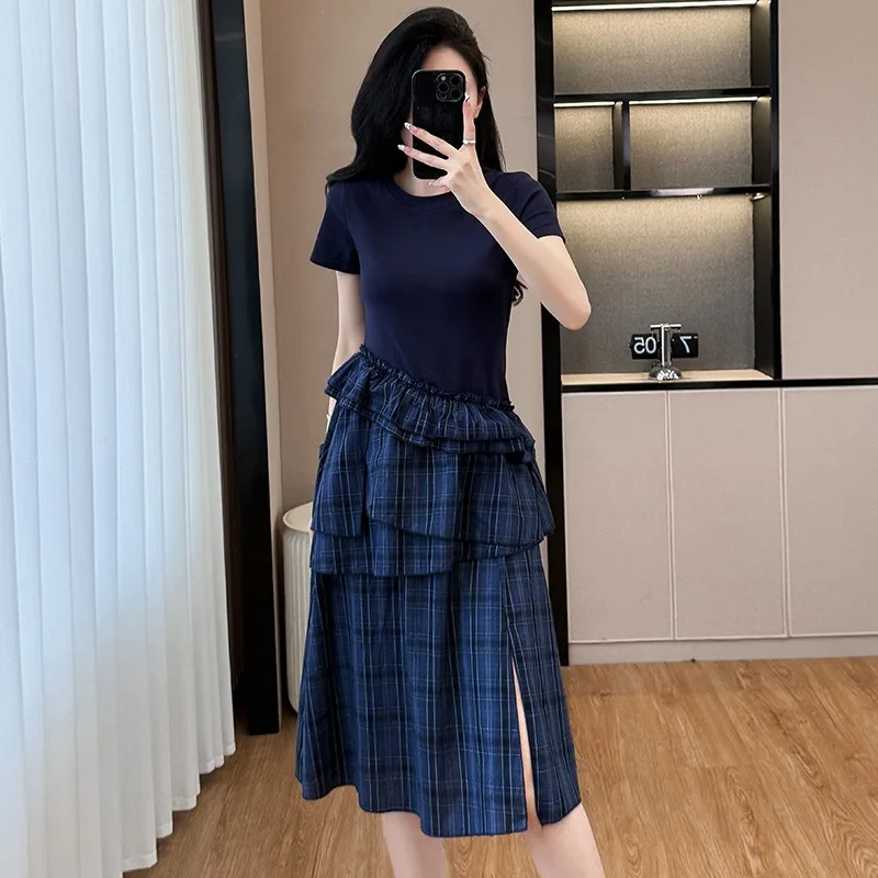 ผู้หญิงฤดูร้อนชุดแฟชั่น ruffled ลายสก๊อต patchwork hem ชุด Chic ปลอม 2 ชิ้น O-คอแขนสั้น Maxi แยกเสื้อยืดชุด