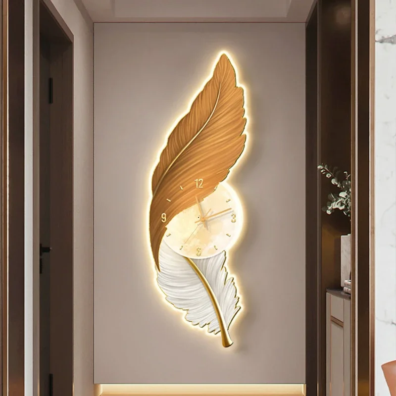 Feather Modern Wall Clock With Light Stylish Living Room Digital Wall Clock Art Cute Orologio Da Parete Home Decoration Luxury