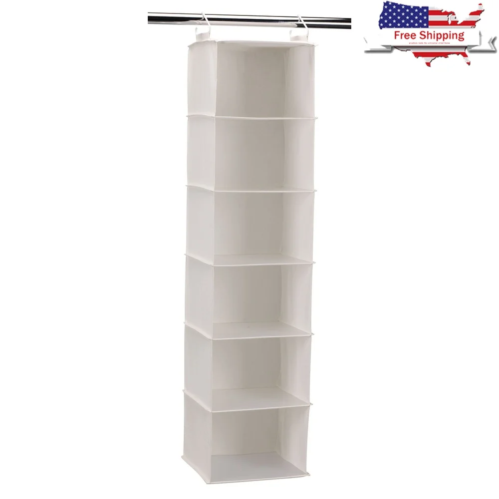 

6-Shelf Hanging Closet Organizer Durable Canvas Shelving Soft Breathable Storage System with Hooks Clothes Accessories Linens