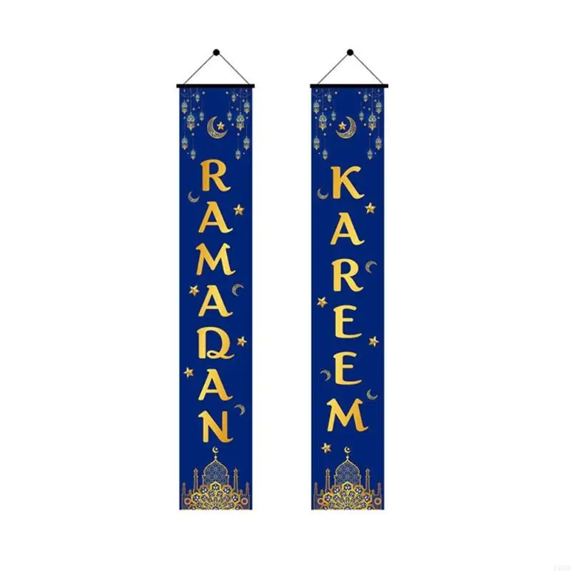 F68D 2Pcs/Set Eid Mubarak Porch for Banner Ramadan Kareem Mosque Front Door Curtain Hanging Sign Islamic Muslim Party