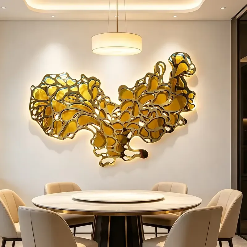 Modern Gold Metal Wall Sculpture Hollow Coral Design Stainless Steel Art for Living Room Entrance Hotel Villa Luxury Home