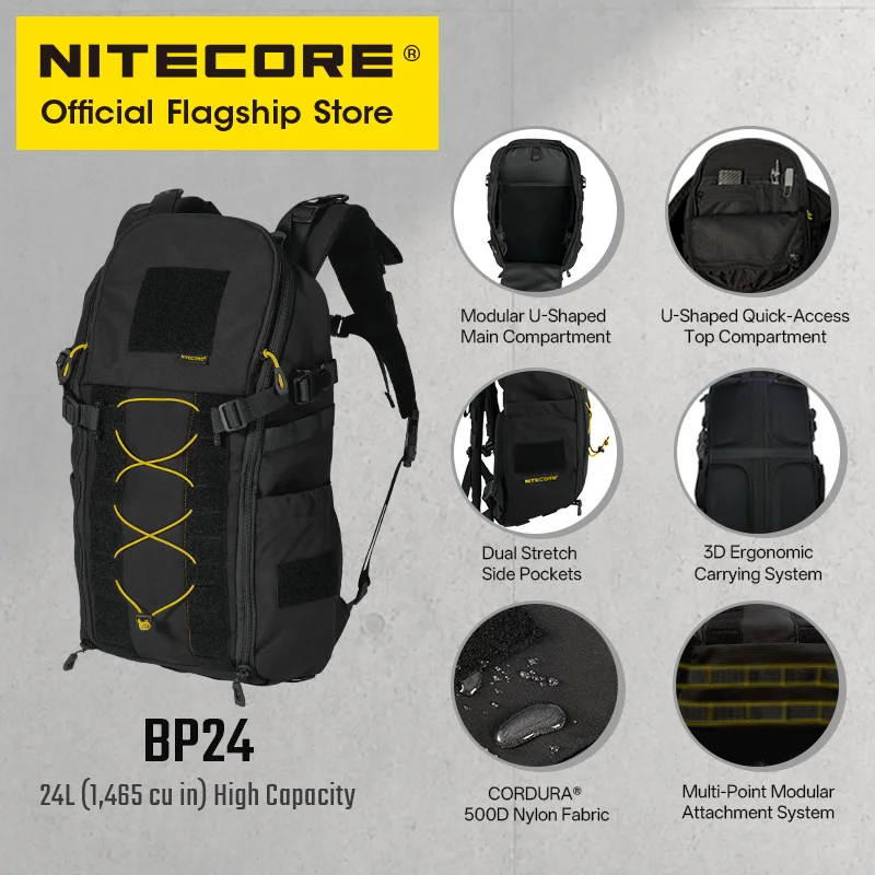 NITECORE BP24 24L Commuter Backpack Black 500D Fabric Modular Molle System for 15