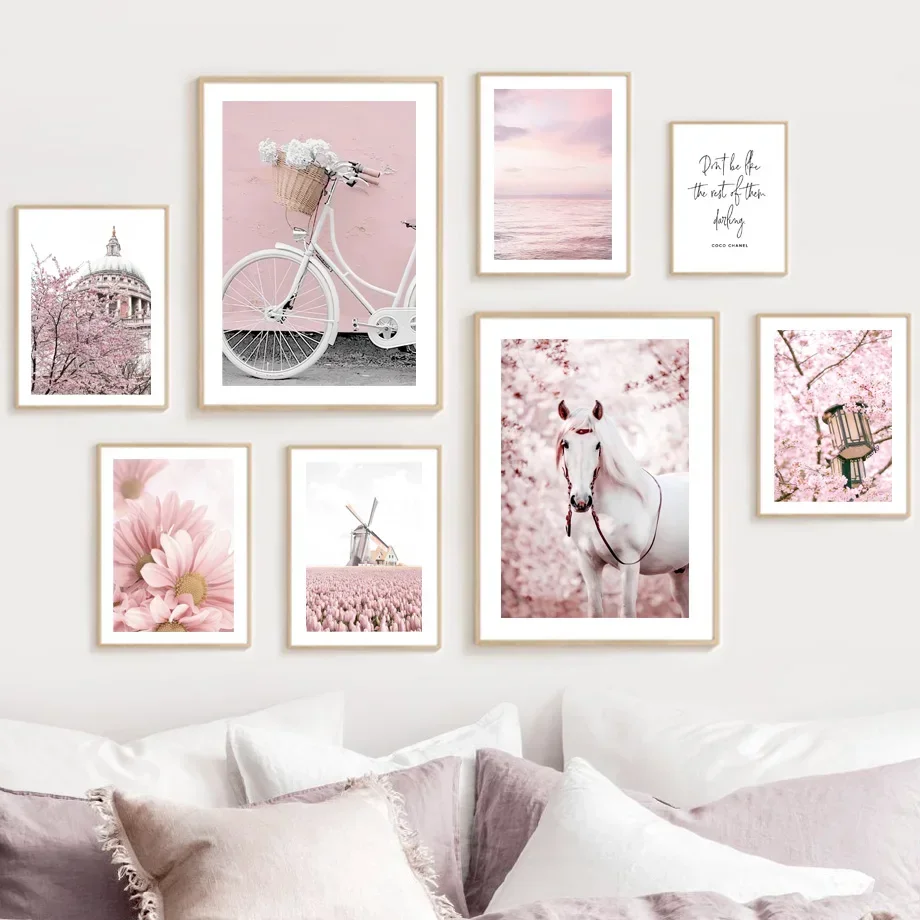 Wall Art Canvas Painting Pink Paris bicycle Orchid Peony Horse Windmill Quotes Posters And Prints Wall Pictures For Living Ro