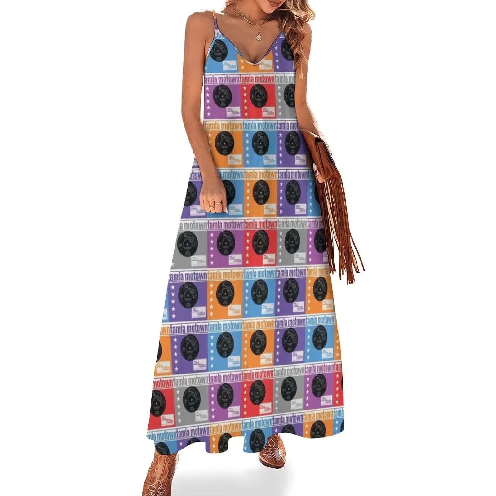 Tamla Motown-vestido colorido Record Design sem mangas para mulheres, vestidos elegantes, vestido solto