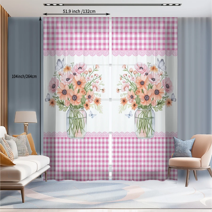 2PCS Digital Print Sheer Curtain, Pink Plaid Bouquet, Vintage Floral Window Curtains for Living Room Bedroom Home Decor