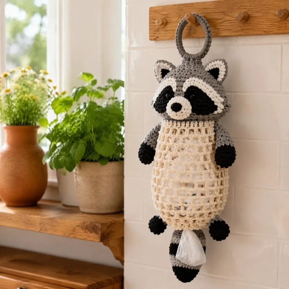 Handmade Crochet Animal Bag Holder Kit DIY Yarn Craft Animal Shaped Grocery Bag Dispenser Cute Stylish Wall Hanging