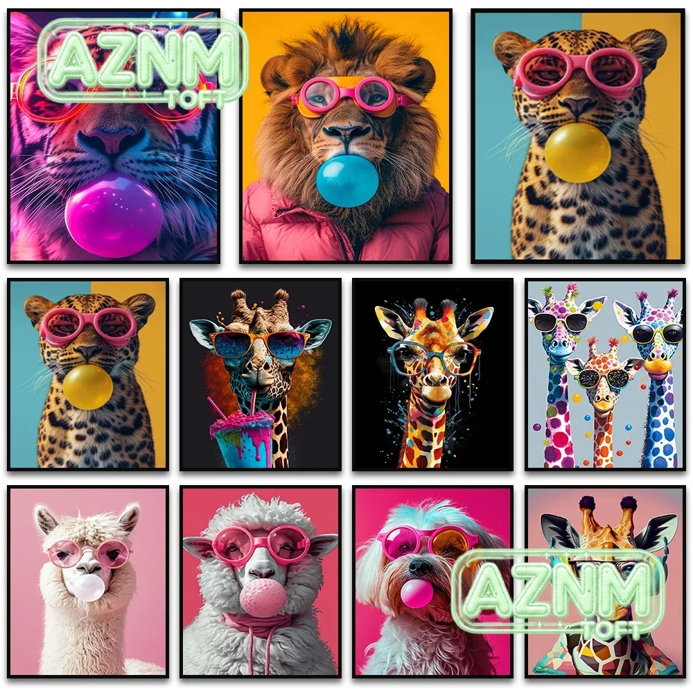 Funny Color Animal Bubble Posters Canvas Painting Prints Cute Giraffe Tiger Sheep with Glasses Wall Art for Home Cafe Bar Dec