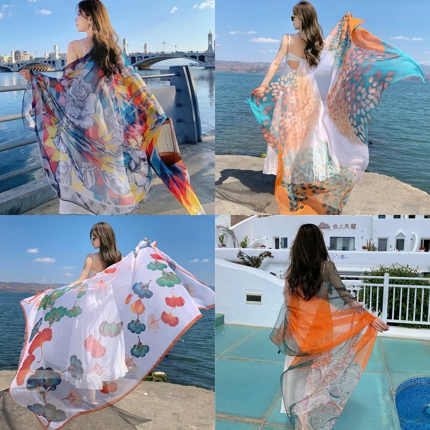 

Thin Transparent Travel Beach Sunscreen 4Style 125x180cm Bikini Large Shawl Sarong Wrap Scarf Women Brazilian Swimsuit Cover-ups