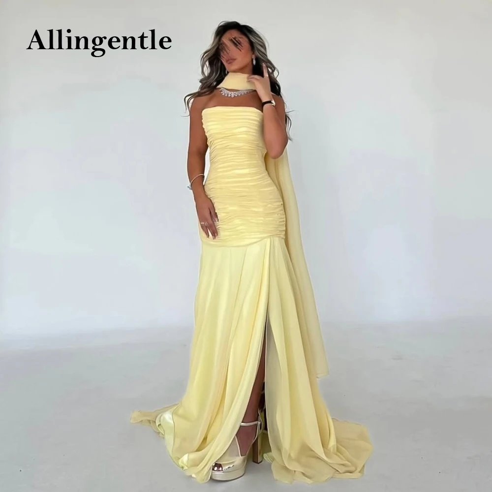 

Yellow A Line Chiffon Evening Dresses With Scarf Formal Party Gowns for Women Pleat Strapless Elegant Prom Gown Customized