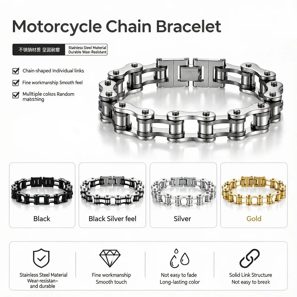 Punk Motorcycle Chain Bracelet Stainless Steel Men's Biker Jewelry Bold Rugged Unstoppable Style Perfect Gift for Him
