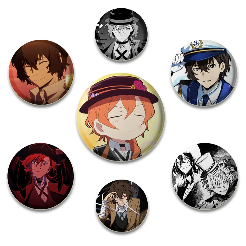 32/58mm Handmade Lapel Pins Anime Bungo Stray Dogs Brooches Manga Figure Cosplay Badge DIY Backpack Hat Clothes Accessory Gifts