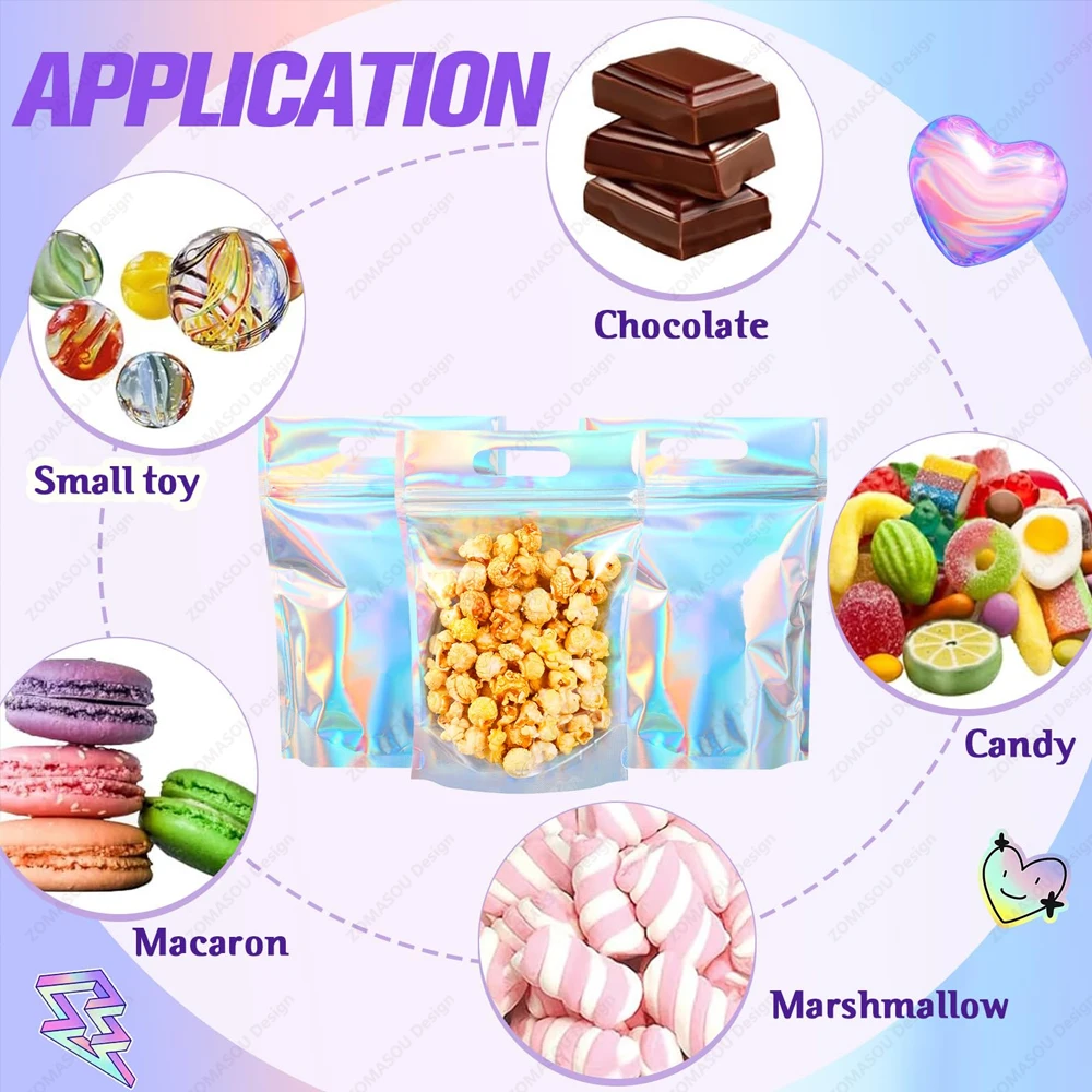 1-200PCS เลเซอร์ปิดผนึกถุงพลาสติกสี Holographic Candy อาหารกระเป๋า Resealable สร้อยคอเครื่องประดับของขวัญบรรจุภัณฑ์กระเป๋า