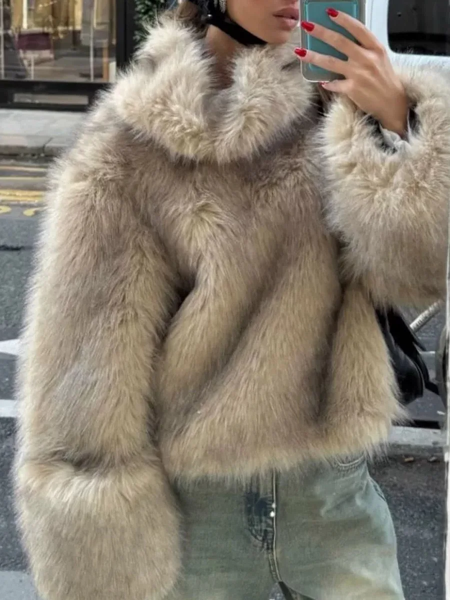 Women Cropped Faux Fur Coat High Neck Thick Fluffy Short Jacket Winter Warm Oversized Streetwear