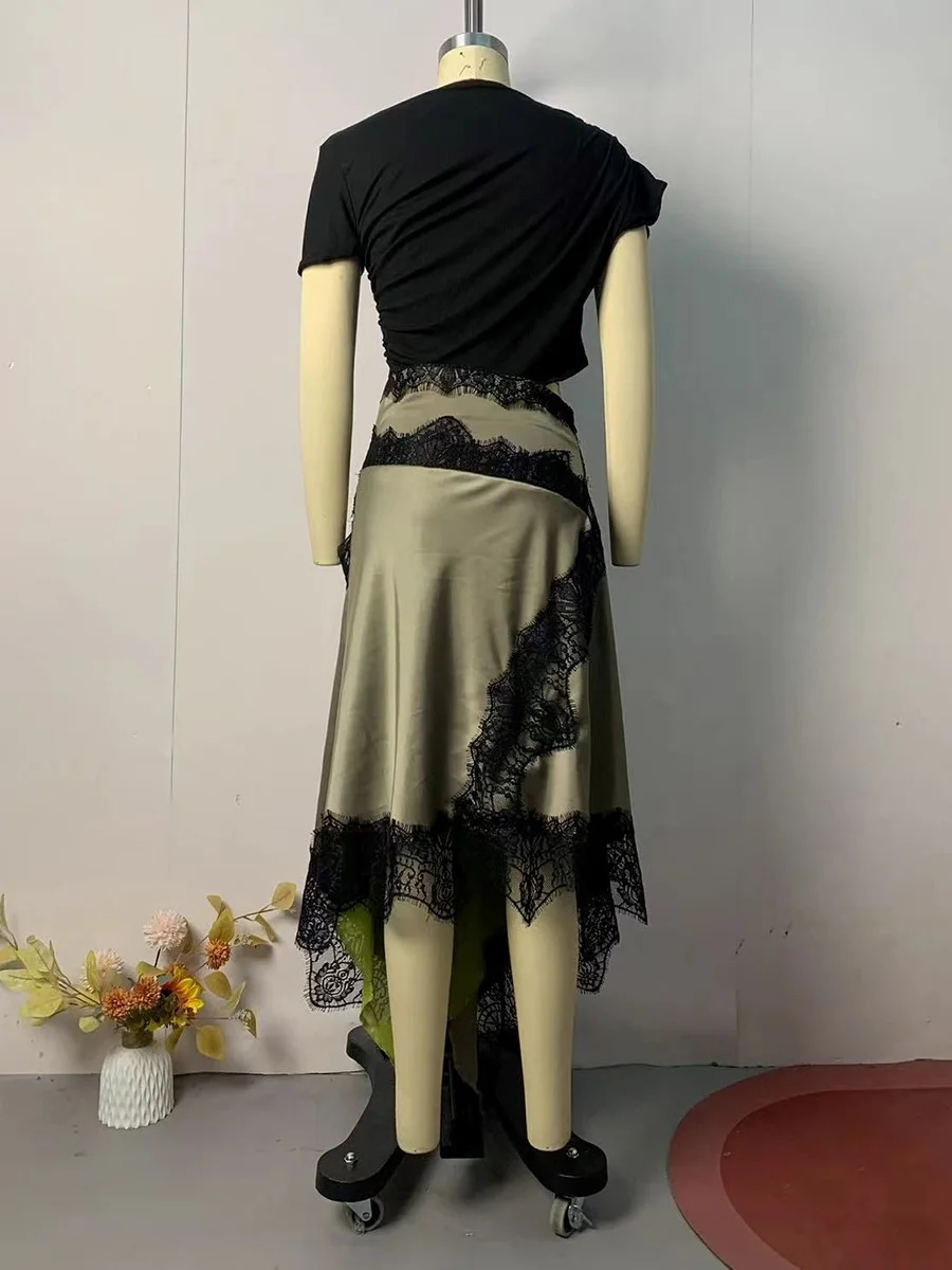 Sukienka damska VGH, patchworkowa, z koronką, dekolt okrągły, krótki rękaw, wysoki stan, ozdobna, seksowna, długa, nowa odzież damska.