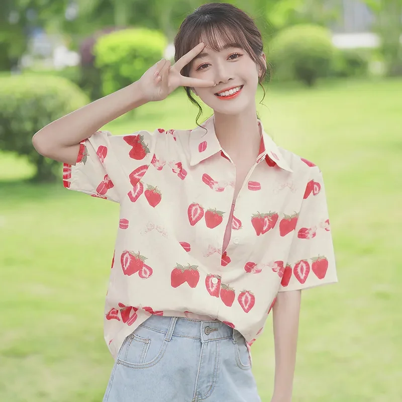 Summer Sweet Girl Pink Strawberry Full Print Blouse Graphic Button Up Shirt Kawaii Clothes Japan Korean Fashion Short Sleeve Top