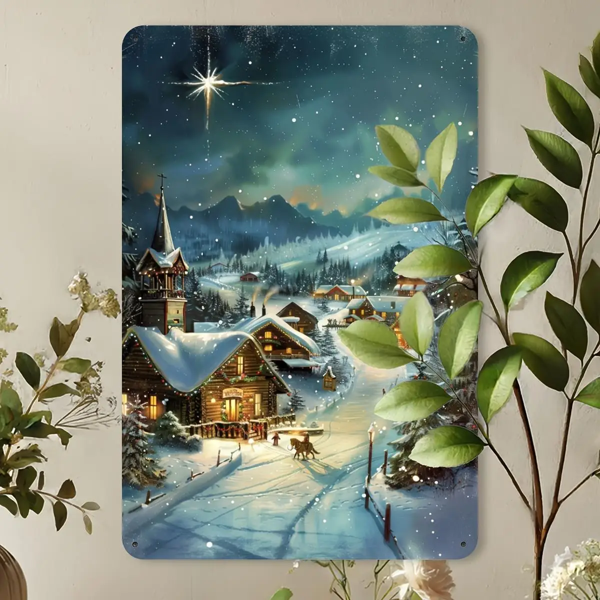 Charming Village Christmas Metal Tin Sign  - Rustic Winter Scene with Snowy Village, Starry Night & Festive Lights - Durable Iro