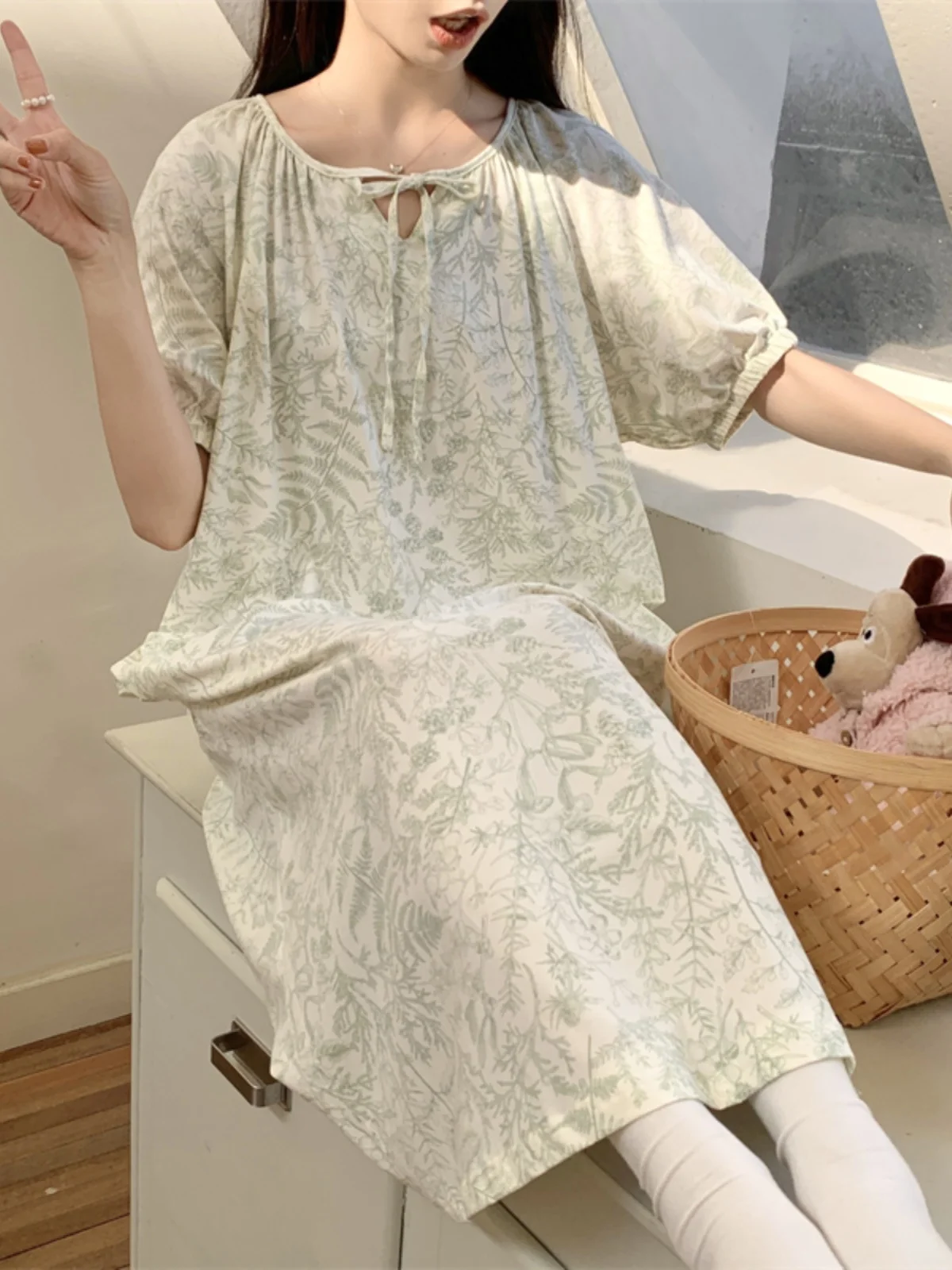 

Princess Style Summer Sleep Dress Women's Cute Floral Print Short Sleeve Home Clothes Nightgown Sweet Home Suit for Teens