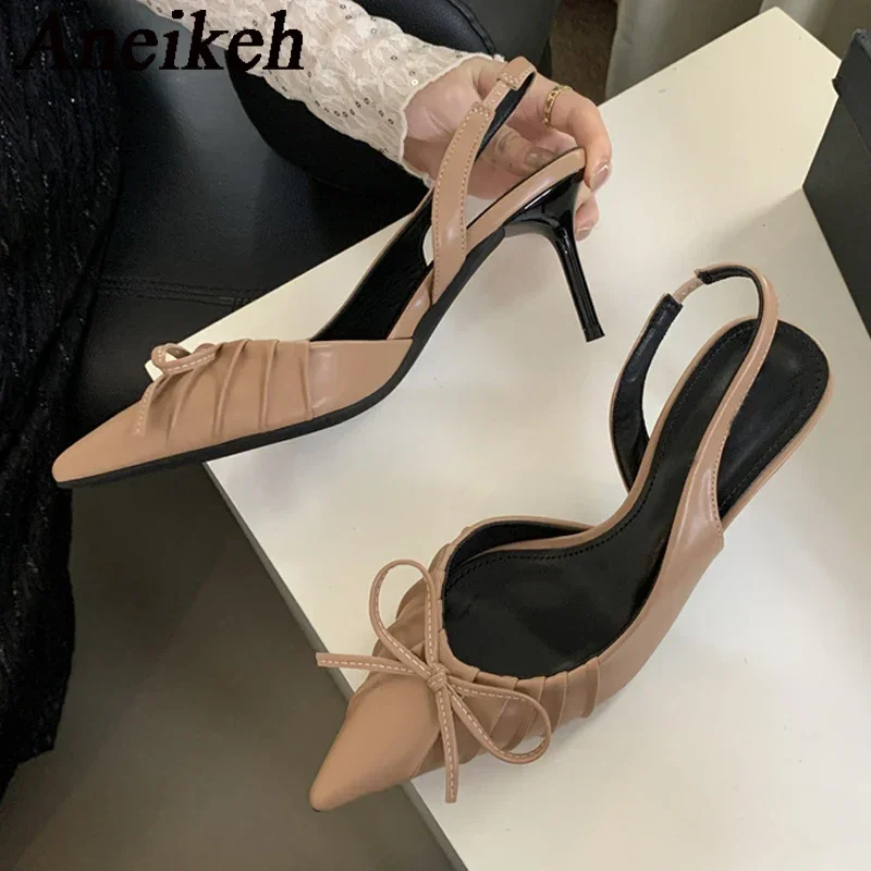 Aneikeh-zapatos de tacón alto de PU para mujer, sandalias de punta estrecha con nudo de mariposa, elegantes, sin cordones, plisados, para verano, 2024