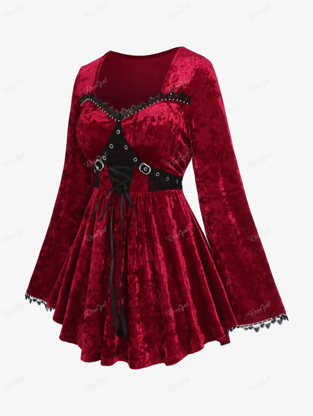 

ROSEGAL Plus Size Velvet Top Deep Red T-shirt Grommets Buckle Lace-up Rivet Lace Trim Flare Sleeve Tee For Women