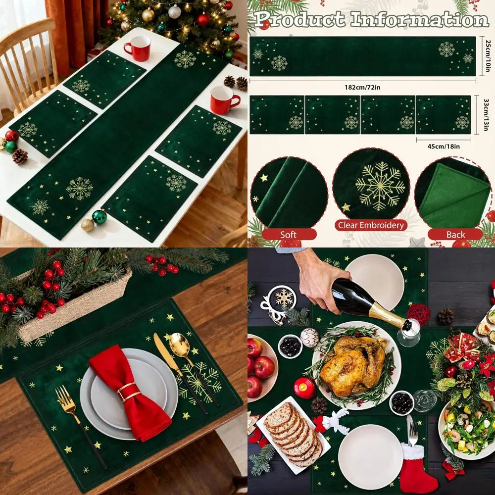 مجموعة مفارش ومفارش طاولة مخملية أنيقة مطرزة باللونين الأخضر والذهبي على شكل أوراق هولي لعيد الميلاد، مقاس 10 × 72 بوصة لديكور الطعام الاحتفالي