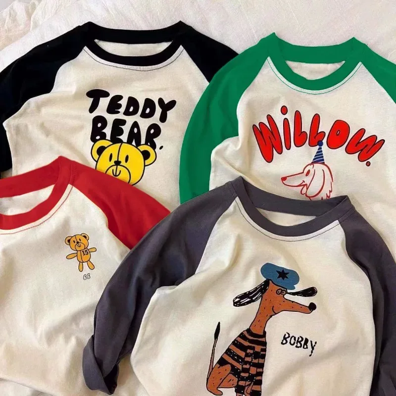100% Pure Cotton Long Sleeve Base Shirt for Boys And Girls Cartoon Print Shoulder Insert Color Block Children's T-Shirt