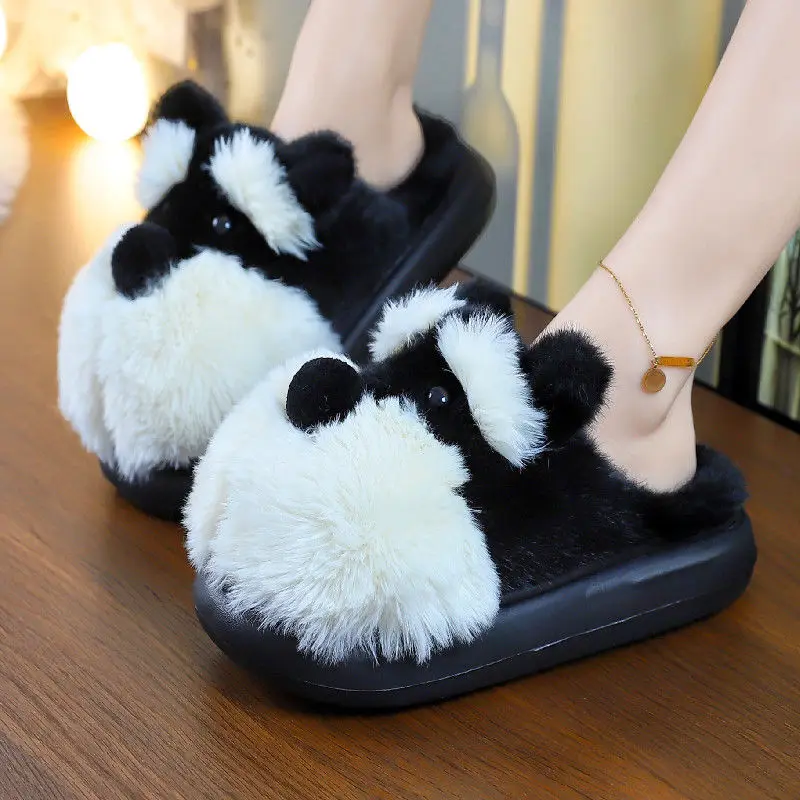 

Cartoon Dog Design Fluffy Women's Slippers Winter Home Shoes Plush Fuzzy Fur Elegant Flat Trendy Platform Footwear for Girls