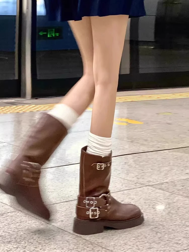 

Коричневые женские сапоги до середины икры в стиле вестерн, сезонные сезонные кожаные ботинки высокого качества с ремнем Bule