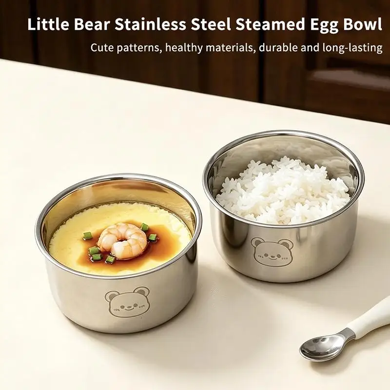 Stainless Steel Egg Steaming Bowl Cute Bear Engraved Food Grade Durable For Kids Feeding Home Kitchen Use