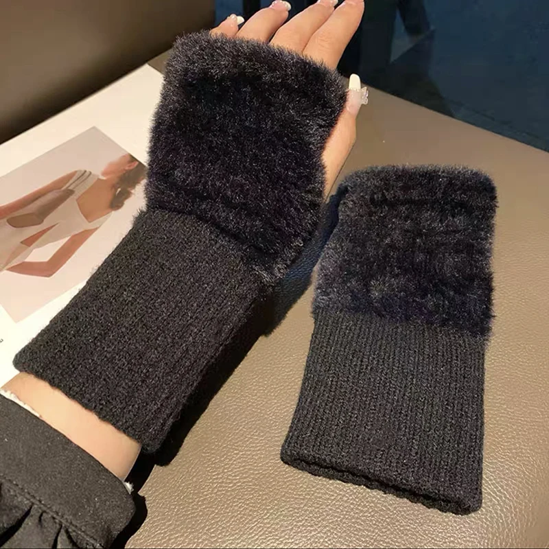 Ammug Winter Half Finger Gloves Plush Thickened Solid Color Japanese Sweet And Versatile Dew Finger Touchable Wrist Guard