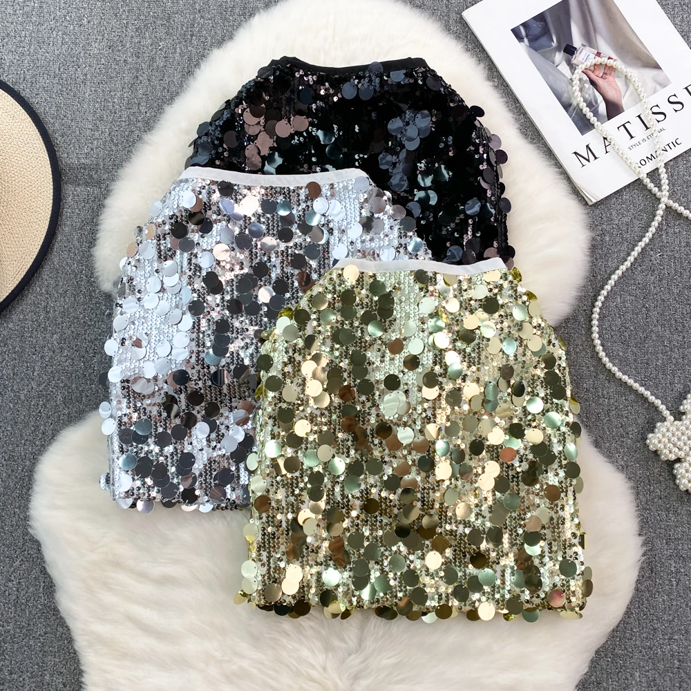 

Spring Autumn Korean Fashion Girl's Bling Sequin Mini Skirt For Women High Waist Slim A-line Hip Wrap Sparkling Short Skirt Club