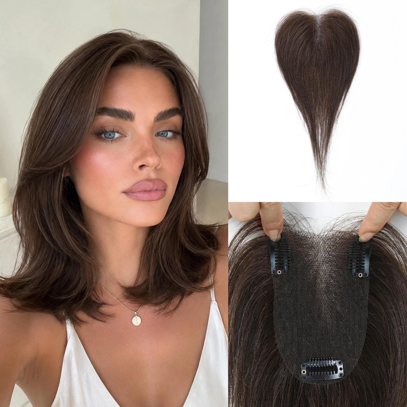 100% Remy Human Hair Lace Base Topper 10 Inch Straight Brown Curtain Bangs Clip In Hair Pieces for Women Thinning Hair Natural