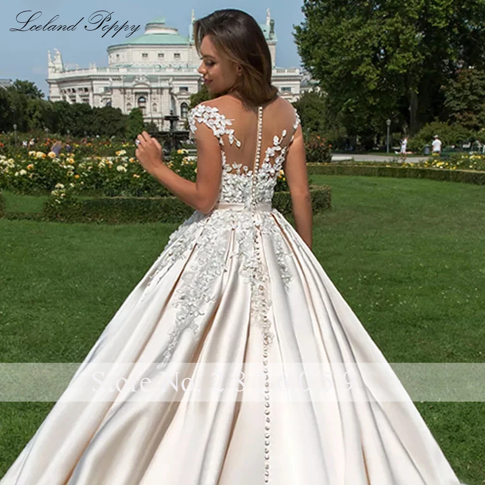 IJsland Poppy Aangepaste Ronde Hals A-lijn Satijnen Trouwjurken Vloerlengte Kapmouwtjes Bruidsjurken met Kathedraalsleep