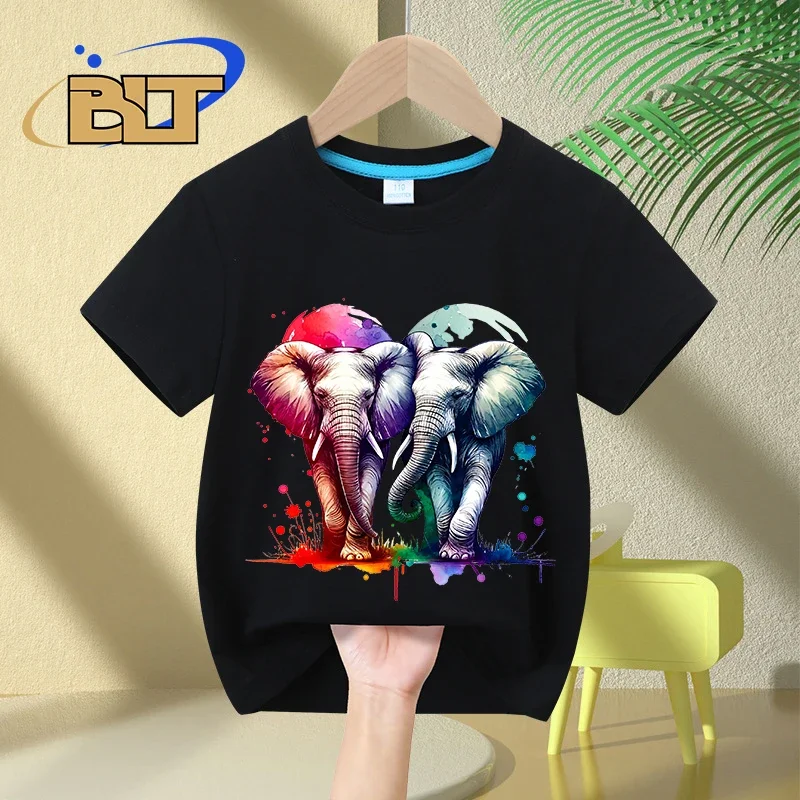 Watercolor Entwined Elephants Printed Kids T-shirt Summer Children's Cotton Short-sleeved Casual Tops for Boys and Girls