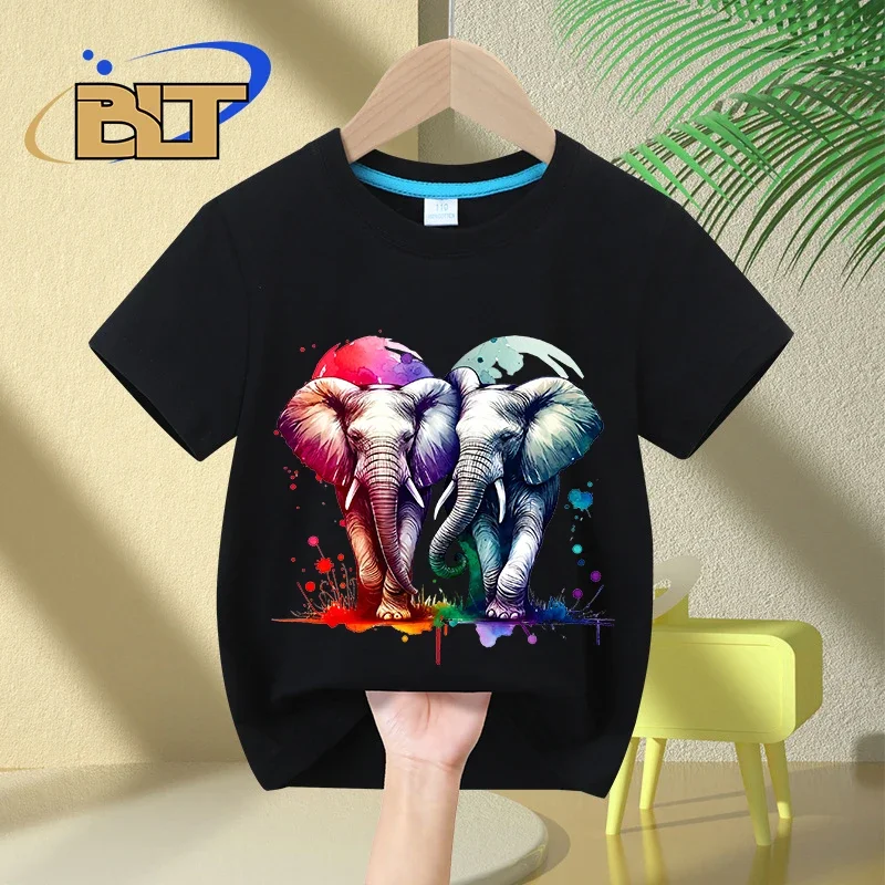 Camiseta infantil de manga curta, estampa aquarela, elefantes entrelaçados, tops casuais para meninos e meninas, verão