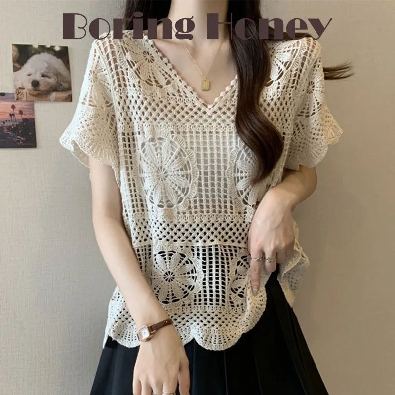 Boring Honey French Fashion V-Neck Openwork Sweater 2025 Summer New Embroidered Short-Sleeved T-Shirt Fashion All-Match Top Wome