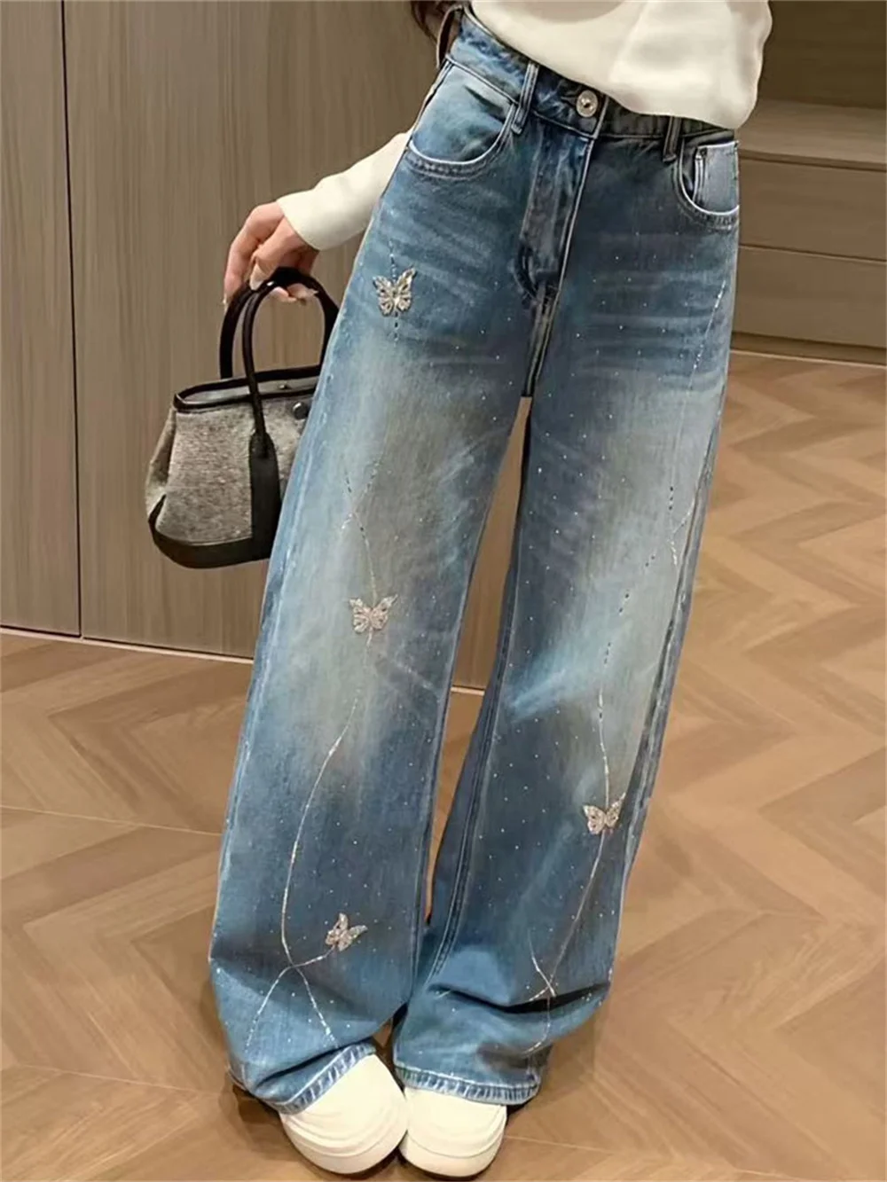 

Rhinestones Butterfly Women Denim Pants Korean Fashion Versatile straight-leg jeans Trousers Spring Autumn Vintage Pantalones