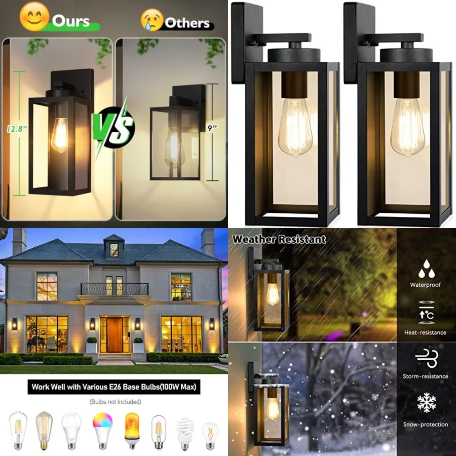 Outdoor Wall Light Fixtures, Exterior Waterproof Wall Lanterns, Porch Sconces Lighting with E26 Sockets and Glass Shades, Moder