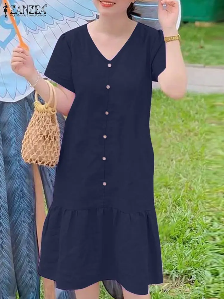 

Fashion Women Solid Dress ZANZEA Summer V Neck Short Sleeve Party Sundress Elegant Flounce Hem Robe Femme Casual Holiday Vestido