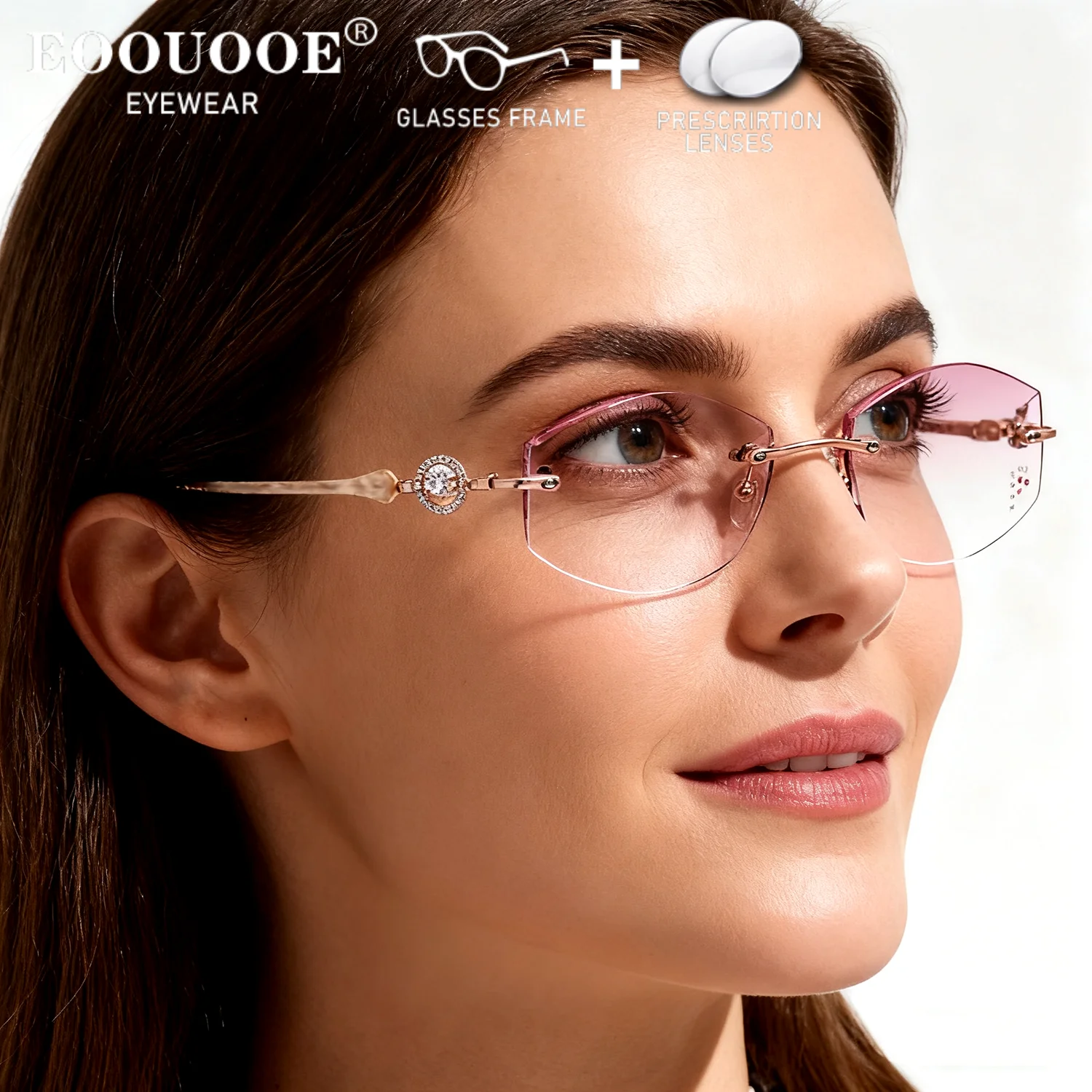 

Sparkling Luxury Women Eyeglasses Diamond Rimless Colored Lenses Myopia Progressive Prescription Reading Glasses