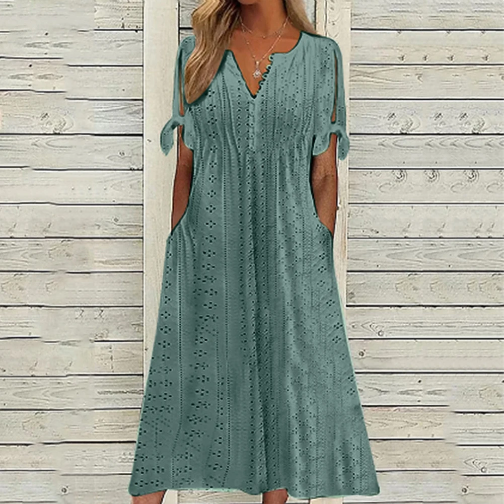 Womens's Summer Pastels Long Dress with Eyelet Skin-friendly Breathable Dress Sweat-Absorbent Versatile Dress for Beach Vacation