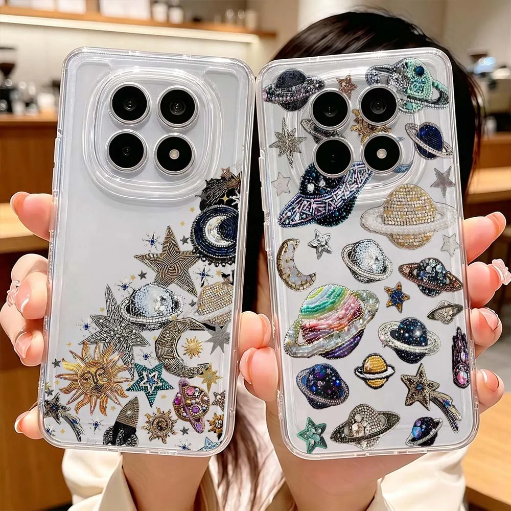 Capa de Telefone com Padrão de Planetas Espaciais para Xiaomi Redmi Note 15 14 13 12 11E 9 Pro Pro+ 4G 5G, Capa Protetora Transparente